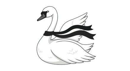 A stylized swan with a black neck ribbon, drawn with crisp lines, simple shading, on a white background