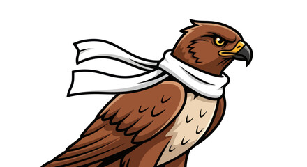 Cartoon hawk wearing a white scarf against a white background. Stylized design and illustration