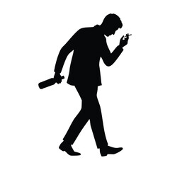 A silhouette of a man in a suit, head lowered in thought or despair, holding a cigarette and a liquor bottle. The image conveys themes of addiction, solitude, stress, and nighttime habits.