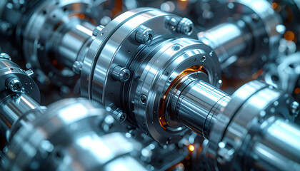 Fototapeta premium Engineering Precision: Captivating detail of intricately constructed machinery, revealing a network of gears and metallic components. This close-up showcases precision engineering. 