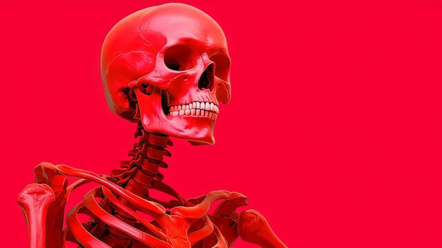 Vibrant red skeleton model positioned against a bold red background, showcasing intricate bone structure and anatomical details, capturing the essence of human anatomy in a striking visual sequence