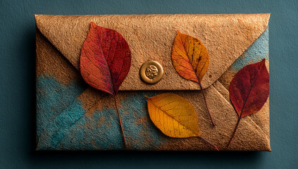Brown envelope with wax seal and autumn leaves on blue background, seasonal transition concept, right-side copy space for web banner
