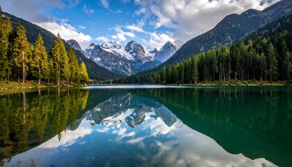 A serene mountain lake reflecting snow-capped peaks and lush forests under a partly cloudy sky. Calm water mirrors the scene