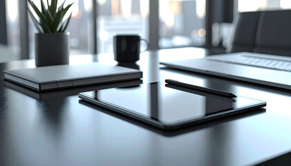 Workspace Essentials: A minimalist workspace showcases a digital tablet and other sleek office accessories on a reflective surface, ideal for productivity and modern work.