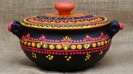 Hand painted ceramic pot with lid and colorful folk art design