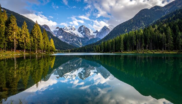 A serene mountain lake reflecting snow-capped peaks and lush forests under a partly cloudy sky. Calm water mirrors the scene - Powered by Adobe