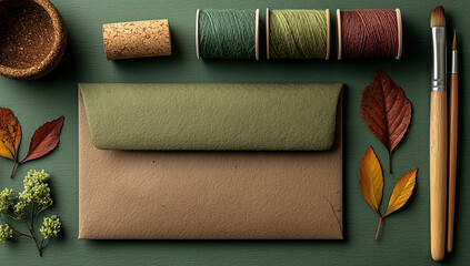 Green background flat lay kraft envelope with autumn leaves, web banner with right-side copy space, natural minimalist design
