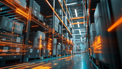 Futuristic warehouse with illuminated shelves and digital effects - Powered by Adobe