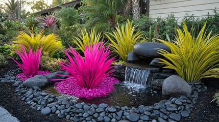 Vibrant garden scene showcasing waterfall, rocks, pink and yellow plants with landscaping