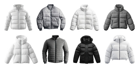 PNG Variety of stylish winter jackets, element set on transparent background