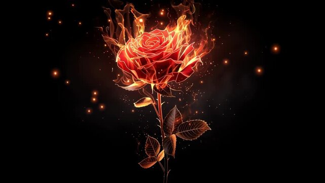 A fiery red rose with flames emanating from its petals.