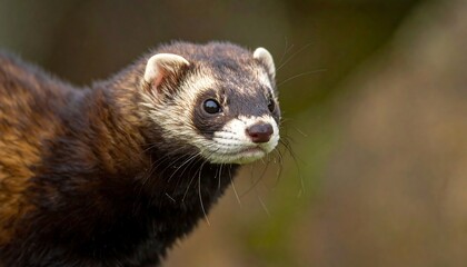 Fototapeta premium A close-up photograph shows a European polecat with dark brown fur and alert eyes, set against a blurred, natural background