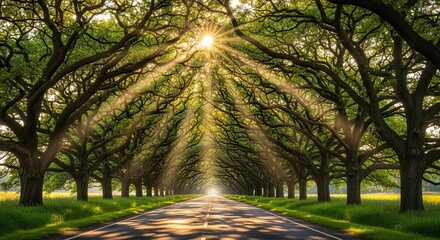 Sunbeams Through an Oak Tree Lined Road in the Countryside
