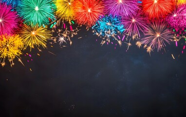 Vibrant multicolored fireworks border on black background celebration party display