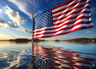 American Flag Reflected in Rippling Water Under a Sunset Sky usa flag reflection isolated on a transparent background