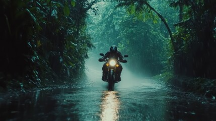 Motorcyclist on a wet, rain-drenched jungle road.