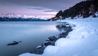 Obraz premium A serene winter coastal scene featuring snow-covered shores, calm water, mountain backdrop and a touch of pastel sky