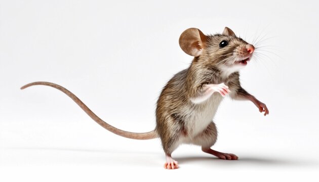 Small brown mouse stands on hind legs with a curious expression in a studio setup, showcasing its fine fur and playful demeanor