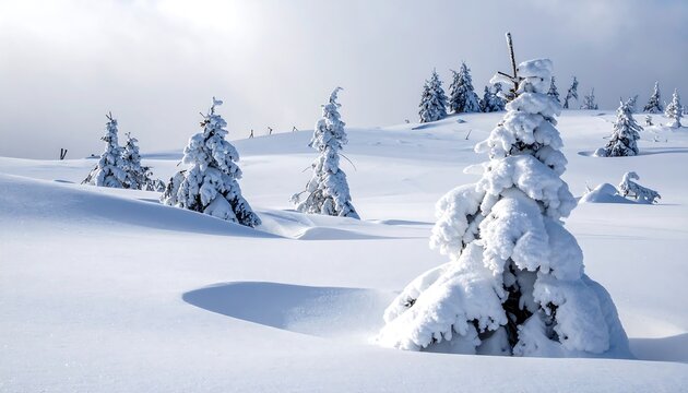 A serene winter scene shows snow-covered evergreen trees on a pristine white landscape under a cloudy, bright sky. Sunlight casts long shadows - Powered by Adobe