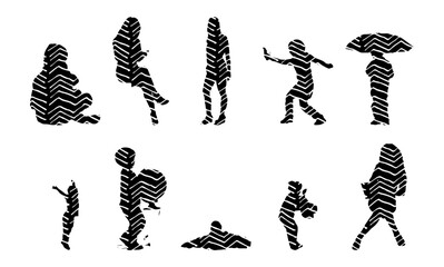 Vector illustration, Outline silhouettes of people, Contour drawing, people silhouette, Icon Set Isolated , Silhouette of sitting people, Architectural set