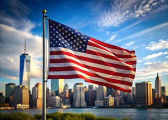 American Flag Waves In Foreground With New York City Skyline In Background usa flag isolated on a transparent background