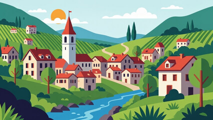 Picturesque village nestled among rolling hills with vineyards and a winding river, creating a serene and idyllic countryside scene.