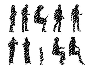 Vector illustration, Outline silhouettes of people, Contour drawing, people silhouette, Icon Set Isolated , Silhouette of sitting people, Architectural set