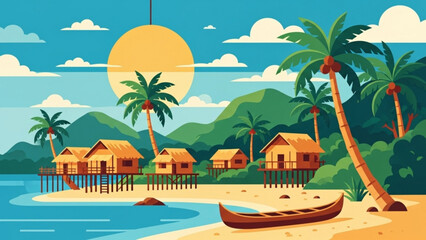 Obraz premium Tropical beach with stilt houses and a boat under a bright sun, showcasing a serene and idyllic island getaway with lush vegetation and clear waters.