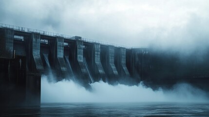 Powerful dam releasing water into a misty river.