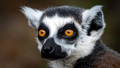 A close-up portrait of a ring-tailed lemur, showcasing its distinctive black and white markings and orange eyes