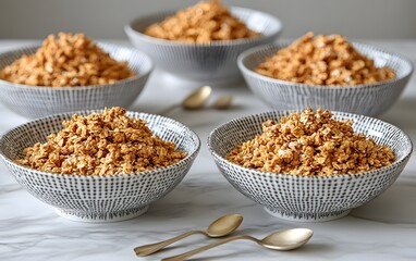Bowls of homemade granola with golden spoons, presented on marble table top