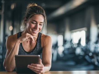 Smiling Woman Relaxing and Browsing Tablet at a Modern Gym