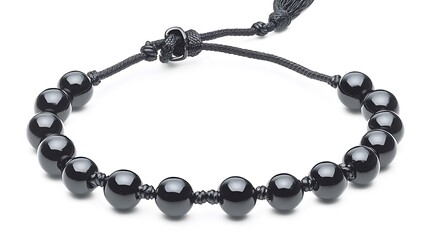 Elegant black bead bracelet on white background, minimalist jewelry concept with knots