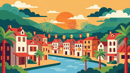 Colorful buildings line the river in a vibrant Vietnamese town during a festive celebration with fireworks and lanterns at sunset, creating a joyful atmosphere.