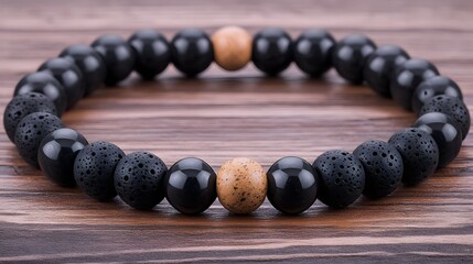 Elegant black lava stone bracelet on wooden surface for wellness and beauty