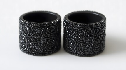 Two decorative black beaded napkin rings on white surface
