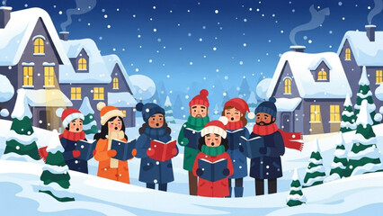 Naklejka premium Children sing carols in snowy village square during winter holiday season, spreading joy and festive cheer among the community.