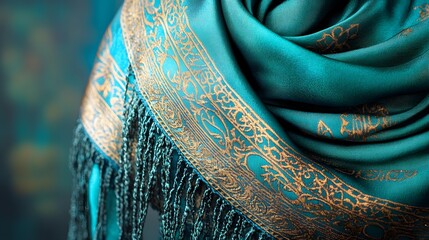 Luxurious teal scarf with gold detailing and fringe, elegant fashion accessory close up