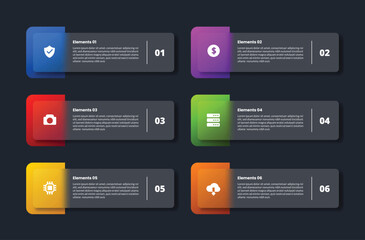 6 points infographic with glassmorphism style with long rectangle with square badge on side with 4 elements