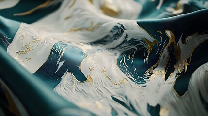 Elegant teal fabric texture with white patterns and golden accents design