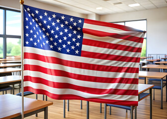 American Flag Waving in a Classroom Setting with Desks and Chairs usa flag school isolated on a transparent background