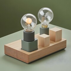 Modern lamp concept with wooden blocks and light bulbs on green background