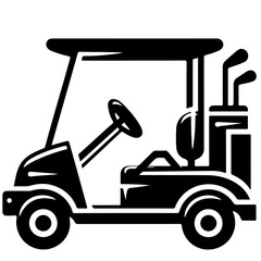 A black and white illustration of a golf cart with golf clubs in the back and a steering wheel inside