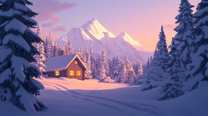 Cozy cabin nestled in snowy mountain forest at sunset.