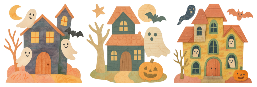 PNG Whimsical haunted houses illustration, element set on transparent background