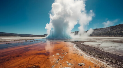 Witness the grandeur of Yellowstone's Grand Prismatic Spring with vivid colors and stunning geothermal activity under a clear blue sky creating a memorable travel moment