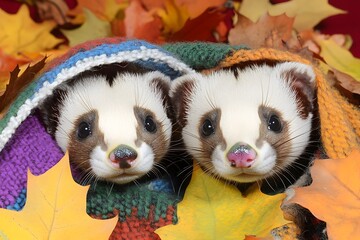 Two cute ferrets wrapped in a colorful knit blanket with autumn leaves
