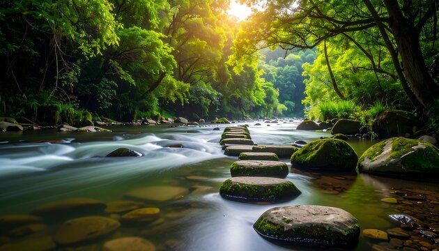 Lush forest scene with a flowing river crossed by stepping stones, sunlit canopy, and mossy rocks. Peaceful nature