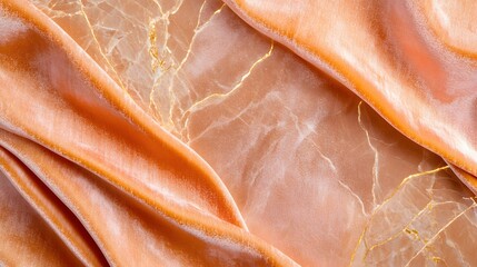 Elegant soft orange velvet fabric with marble texture background, luxury concept