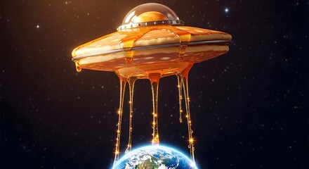 Golden pancake UFO hovers above Earth, dripping luscious honey onto the planet in a whimsical, cosmic culinary event from deep space